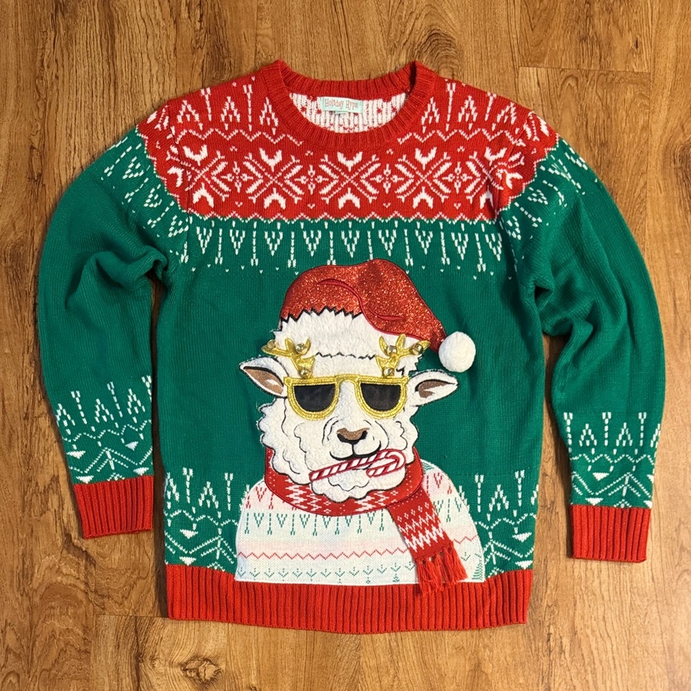 Holiday Green and Red Sweater with Cool Santa Sheep